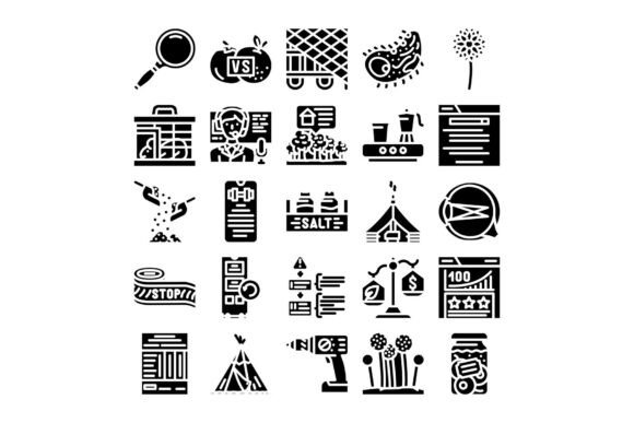 Collection of Various Glyph Icons Repres: Minimal, Versatile Symbols for Real-World Design Needs