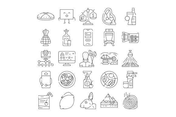 Various Line Icons Illustrating Food, Dr